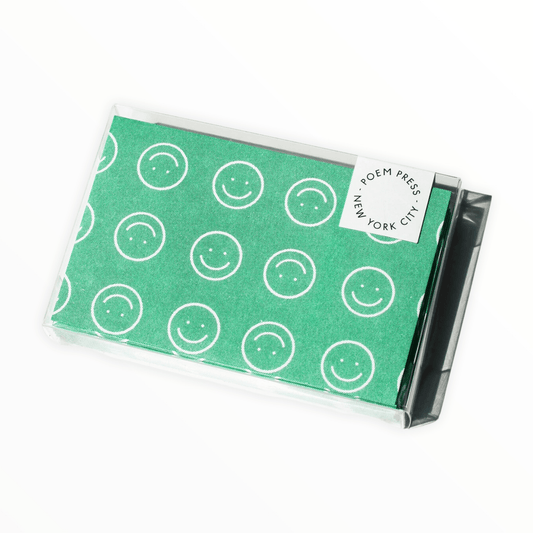 Green Smiley Envelopes with Blank Notecards by Poem Press, riso-printed smiley face design, boxed set of 12, notecards 3.25 x 5.25 inches envelopes 3.5 x 5.5 inches
