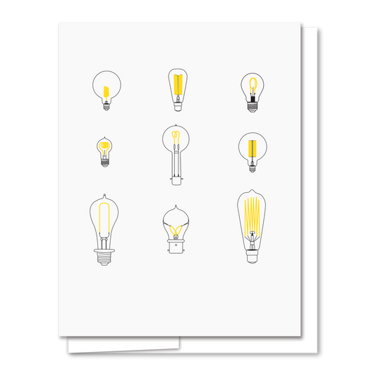 Lightbulbs greeting card by Quick Brown Fox, blank interior, white envelope, 4.25 x 5.5 inches