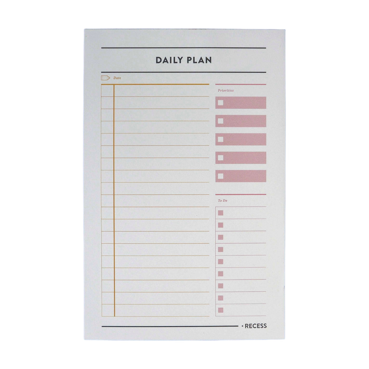 Daily Plan Notepad by Recess Shop, 50 planning pages on off-white stock, date priorities and to-dos, 8.5 x 5.5 inches