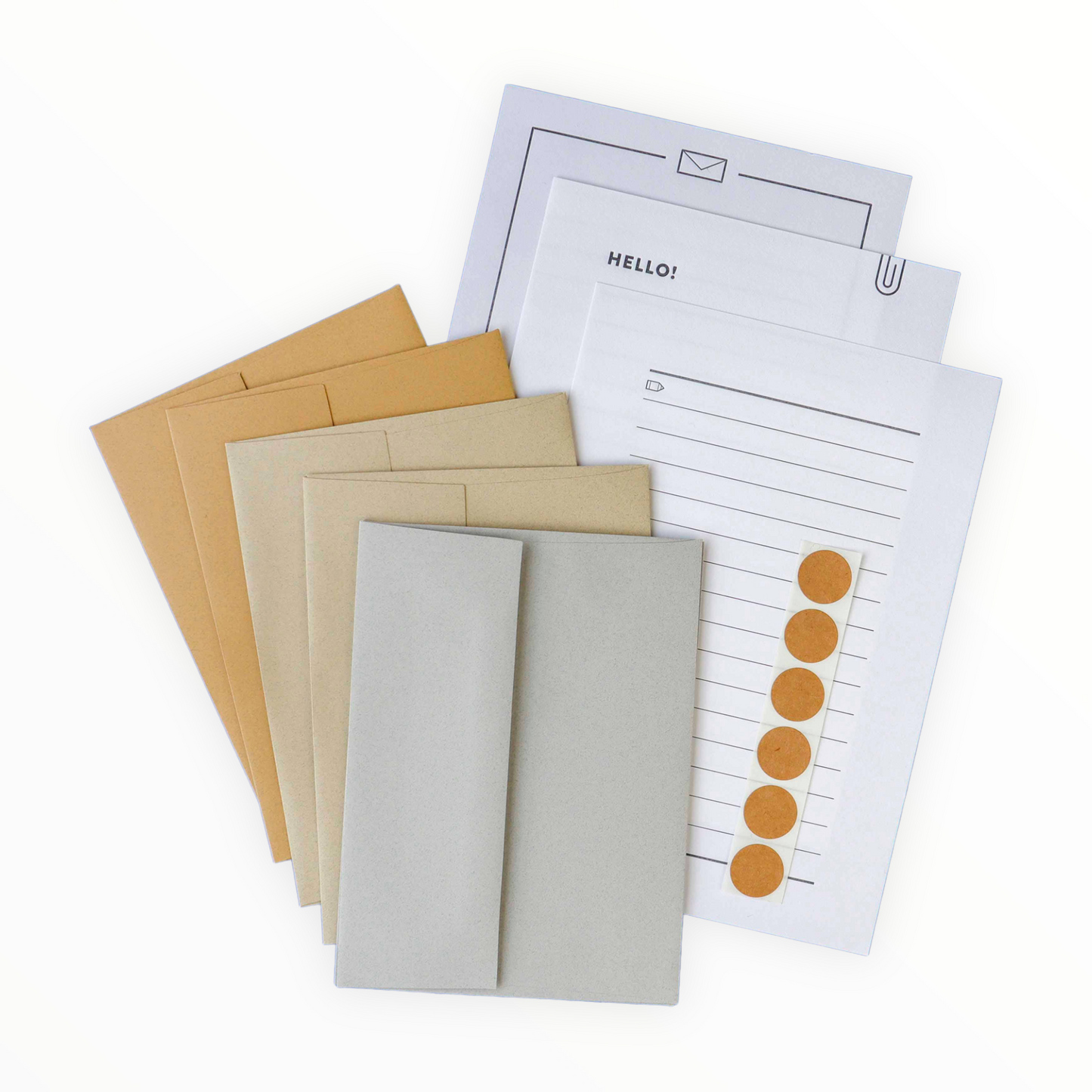 Down to Business Letter Writing Set by Recess Shop, 6 letterpress sheets in 3 designs, 6 envelopes in gray tan and khaki, 6 kraft stickers, printed by Feast Letterpress Canada