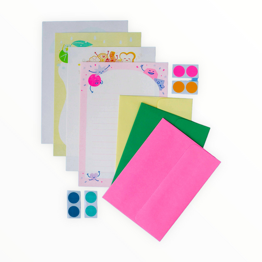 Sweet Salutations Letter Set by Recess Shop, 4 unique designs 2 sheets each, 6 envelopes in 3 vibrant colors, 8 round colorful stickers