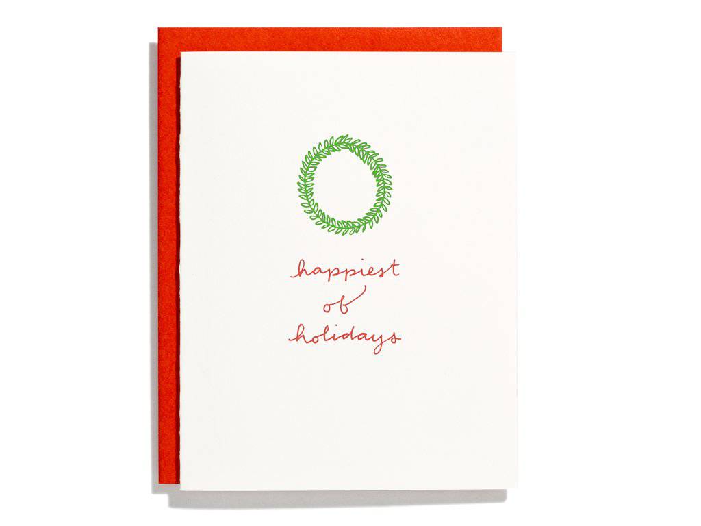 Happiest of Holidays letterpress holiday wreath card by Shorthand Press, blank interior, red envelope, 4.25 x 5.5 inches