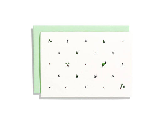 Holiday Pattern Notecard Box Set by Shorthand Press, letterpress Christmas trees mistletoe and peace, 6 folded cards blank inside, mint green envelopes, 3.5 x 5 inches