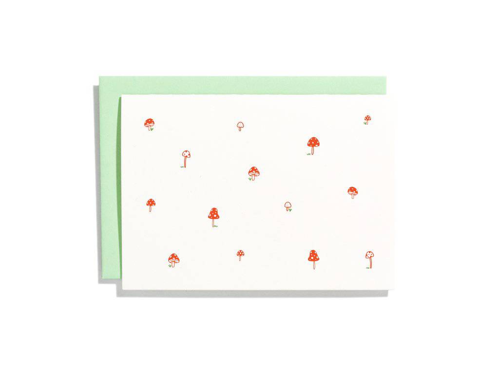 Mushroom Pattern Notecard Box Set by Shorthand Press, letterpress red mushroom varietals, 6 folded cards blank inside, mint green envelopes, 3.5 x 5 inches