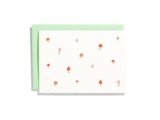 Mushroom Pattern Notecard Box Set by Shorthand Press, letterpress red mushroom varietals, 6 folded cards blank inside, mint green envelopes, 3.5 x 5 inches
