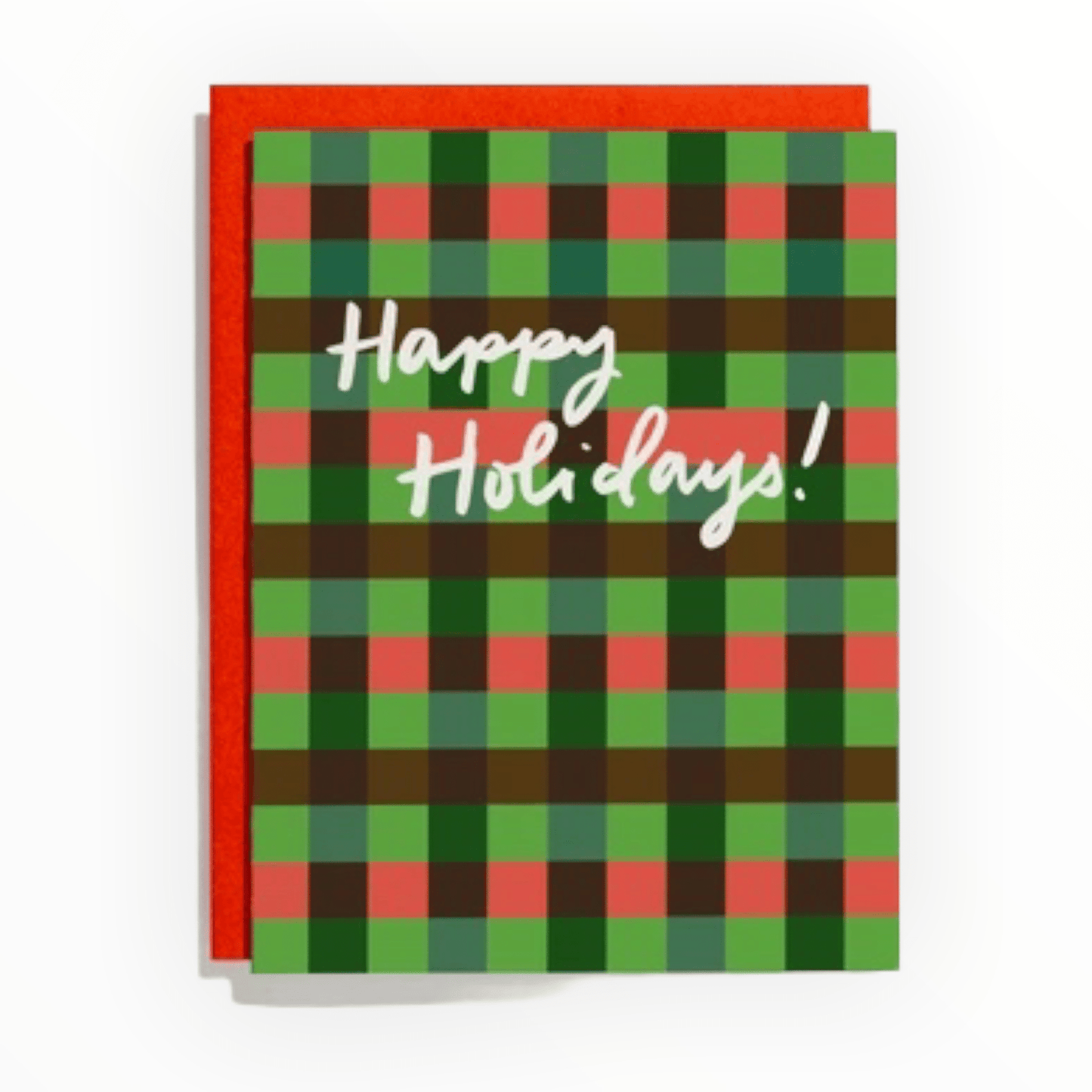 Happy Holidays Plaid Holiday letterpress card by Shorthand Press, blank interior, persimmon envelope, 5.5 x 4.25 inches