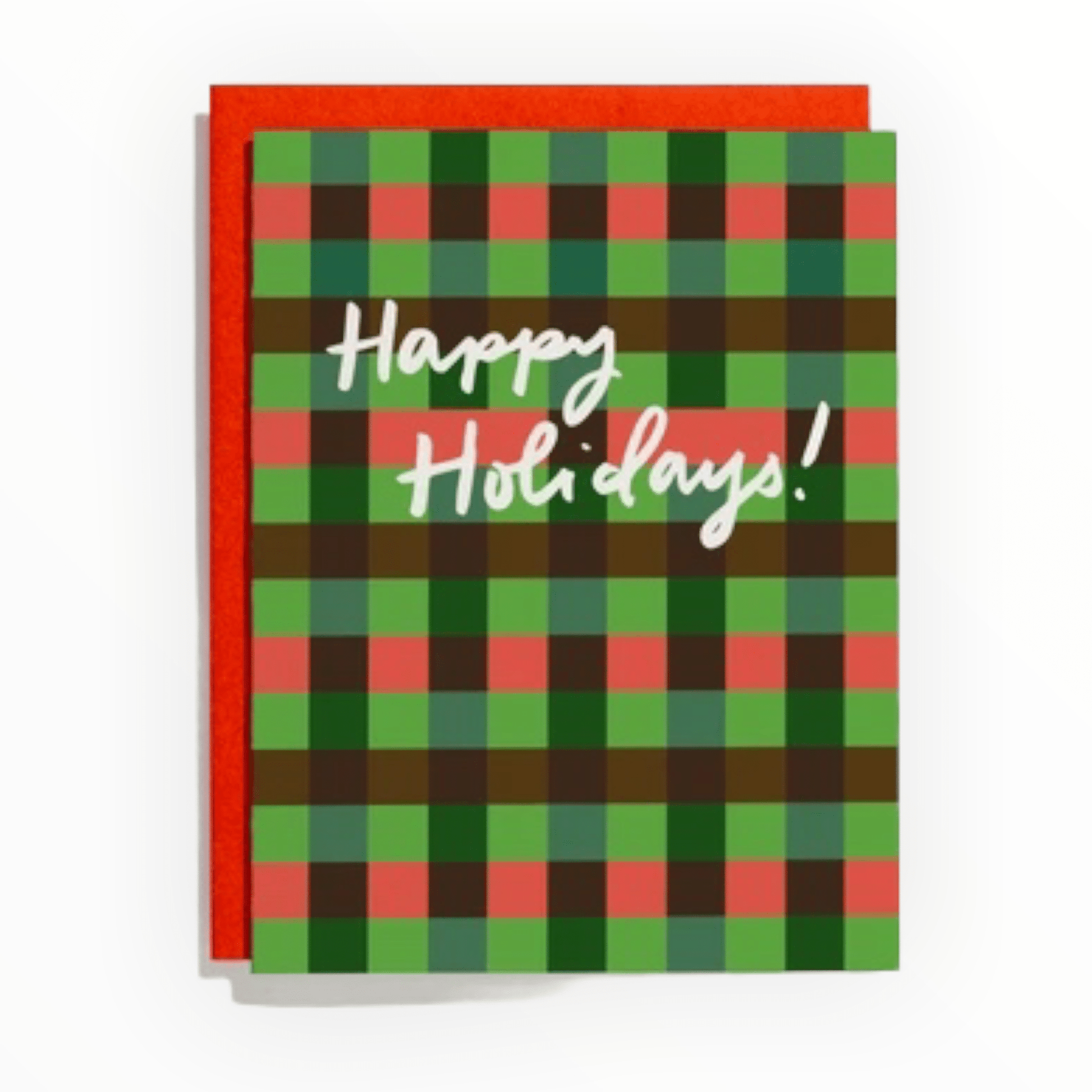 Happy Holidays Plaid Holiday letterpress card by Shorthand Press, blank interior, persimmon envelope, 5.5 x 4.25 inches