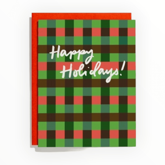 Happy Holidays Plaid Holiday letterpress card by Shorthand Press, blank interior, persimmon envelope, 5.5 x 4.25 inches