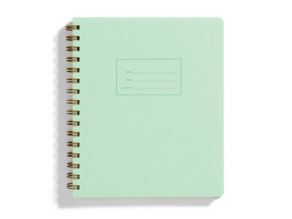 Spiral Notebook in Mint by Shorthand Press, letterpress cover, gold wire-o binding, 160 lined pages, 7 x 8.5 inches