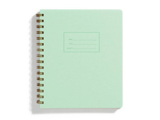 Spiral Notebook in Mint by Shorthand Press, letterpress cover, gold wire-o binding, 160 lined pages, 7 x 8.5 inches