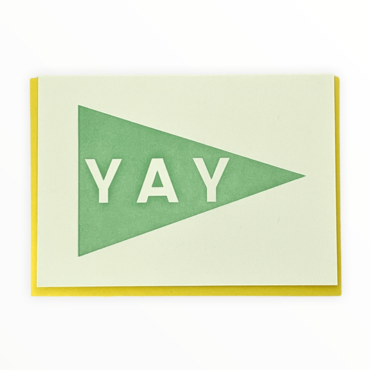 YAY congratulations letterpress card by Shorthand Press, blank interior, sunshine yellow envelope, 3.5 x 5 inches, made in Los Angeles