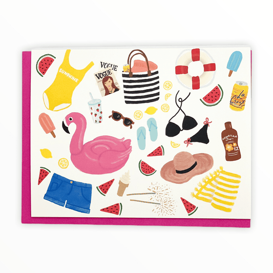 Summer Essentials for Summer Fun greeting card by Slightly Stationery, blank interior, hot pink envelope, 4.25 x 5.5 inches