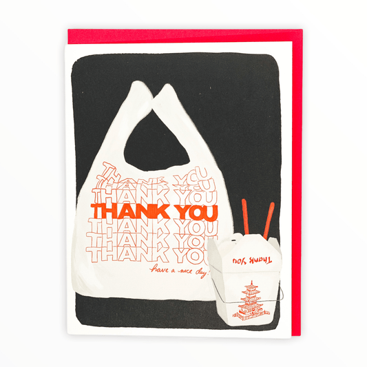 Takeout Thank You greeting card by Slightly Stationery, blank interior, red envelope, 4.25 x 5.5 inches