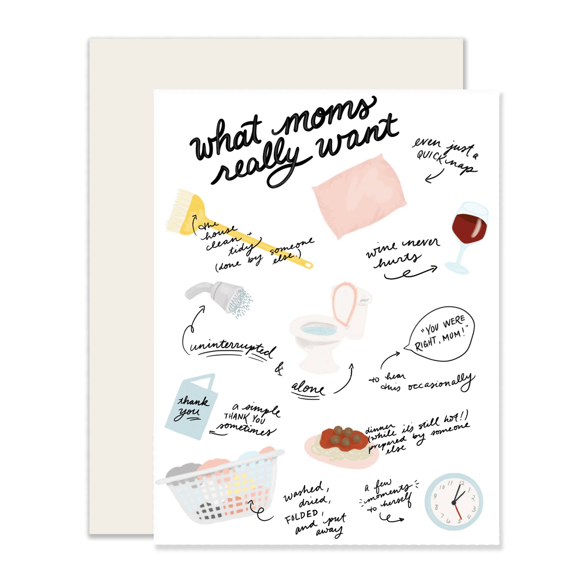 What Moms Really Want Mother's Day card by Slightly Stationery, blank interior, cream-colored envelope, 4.25 x 5.5 inches