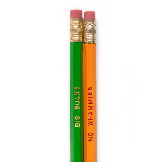 Big Bucks No Whammies set of 2 number 2 pencils by Smarty Pants Paper Co., green with gold imprint and yellow with red imprint, unsharpened