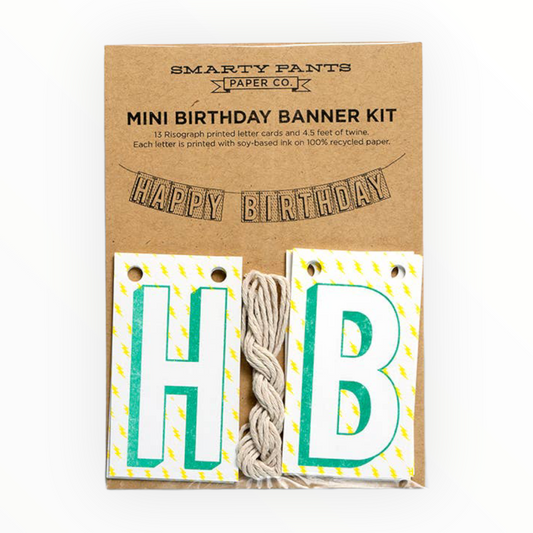 Happy Birthday Mini Banner Kit by Smarty Pants Paper Co., sea foam green letters yellow lightning bolt background, 13 pre-punched cards 4.5 feet twine, made in Knoxville TN