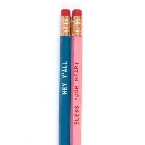 Hey Y'All Bless Your Heart set of 2 pencils by Smarty Pants Paper Co., pink with red imprint and blue with white imprint, unsharpened