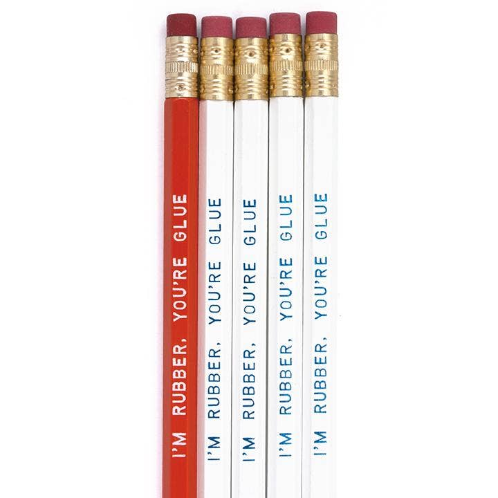 I'm Rubber You're Glue set of 5 number 2 pencils by Smarty Pants Paper Co., orange with white imprint and white with blue imprint, unsharpened