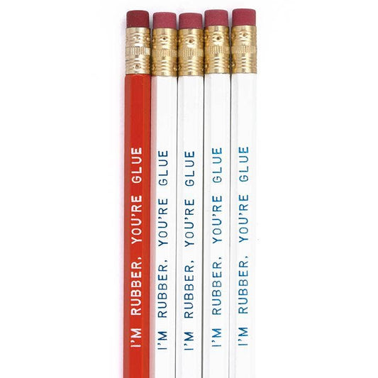 I'm Rubber You're Glue set of 5 number 2 pencils by Smarty Pants Paper Co., orange with white imprint and white with blue imprint, unsharpened