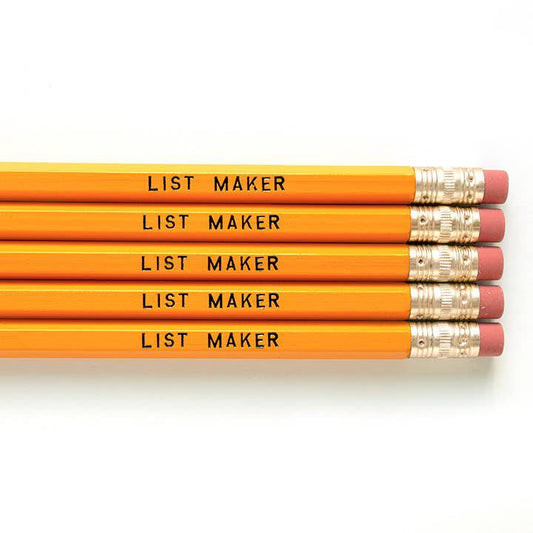 List Maker set of 5 number 2 pencils by Smarty Pants Paper Co., yellow with black imprint, unsharpened