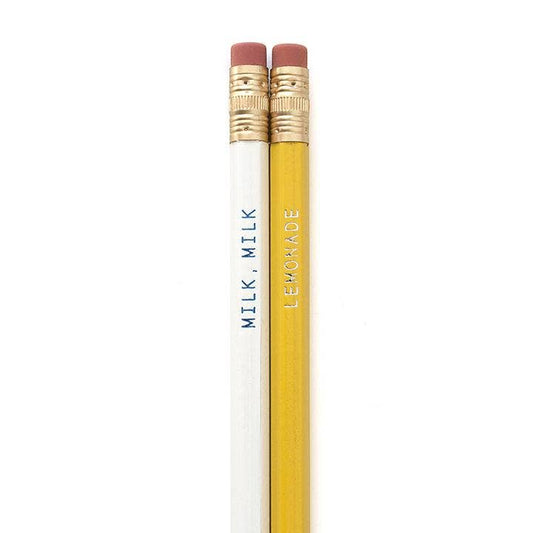 Milk Milk Lemonade set of 2 number 2 pencils by Smarty Pants Paper Co., white with metallic blue imprint and light yellow with silver imprint, unsharpened