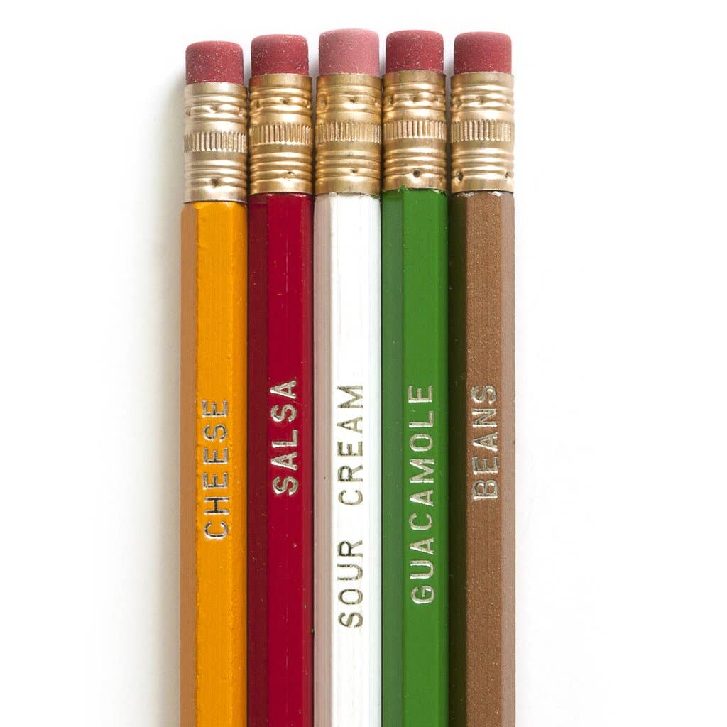 Nacho Pencil Set of 5 number 2 pencils by Smarty Pants Paper Co., yellow red white green and gold with metallic silver imprint