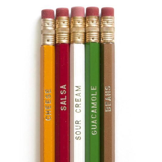 Nacho Pencil Set of 5 number 2 pencils by Smarty Pants Paper Co., yellow red white green and gold with metallic silver imprint