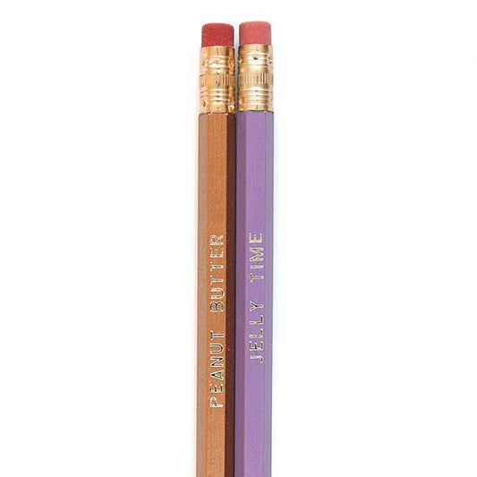 Peanut Butter and Jelly Time set of 2 number 2 pencils by Smarty Pants Paper Co., purple and gold with silver imprint, unsharpened