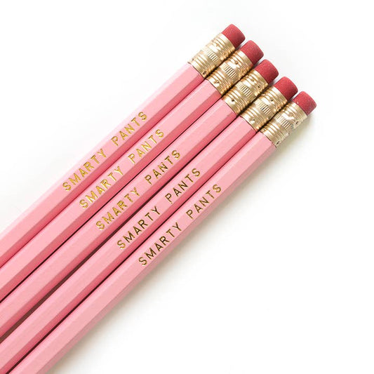 Smarty Pants Pencil Set by Smarty Pants Paper Co., light pink pencils with erasers and metallic gold imprint