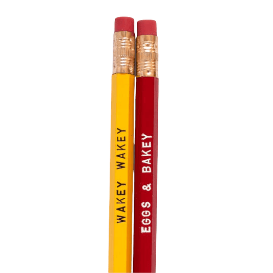 Wakey Wakey Eggs and Bakey set of 2 number 2 pencils by Smarty Pants Paper Co., yellow with black imprint and red with white imprint, unsharpened