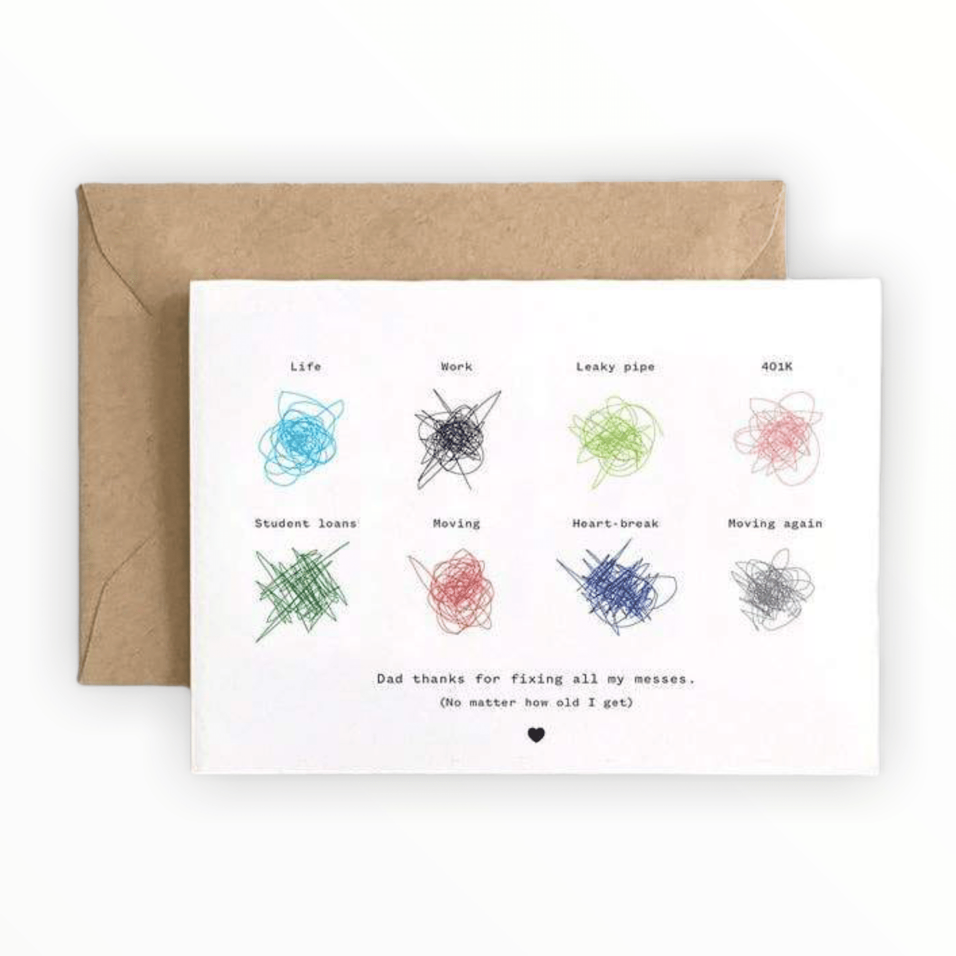 Dad Thank You for Fixing All My Messes card by Spaghetti & Meatballs, blank interior, kraft brown envelope, 4.5 x 6.25 inches