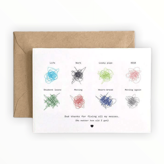 Dad Thank You for Fixing All My Messes card by Spaghetti & Meatballs, blank interior, kraft brown envelope, 4.5 x 6.25 inches