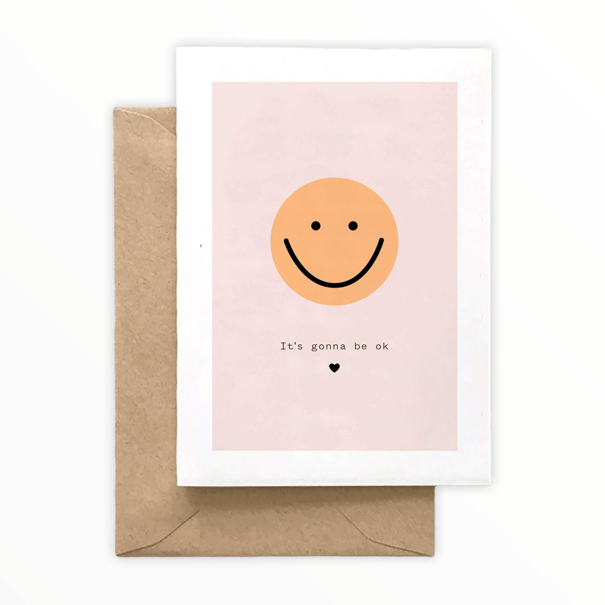It's Gonna Be OK Smiley Face encouragement card by Spaghetti & Meatballs, blank interior, kraft brown envelope, 4.5 x 6.25 inches