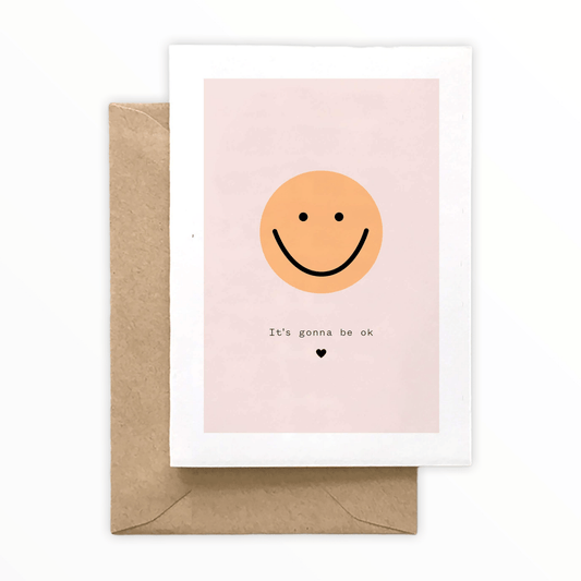 It's Gonna Be OK Smiley Face encouragement card by Spaghetti & Meatballs, blank interior, kraft brown envelope, 4.5 x 6.25 inches