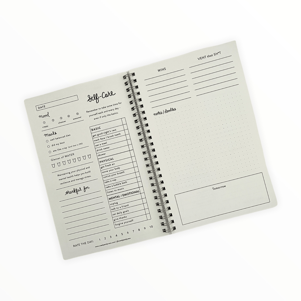 Daily Mood Tracker Spiral Notebook interior detail by Steel Petal Press, mood tracking page layout