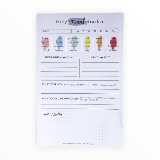 Rainbow Daily Mood Tracker notepad by Steel Petal Press, 50 tear-off pages, 8.5 x 5.5 inches, made in Chicago Illinois