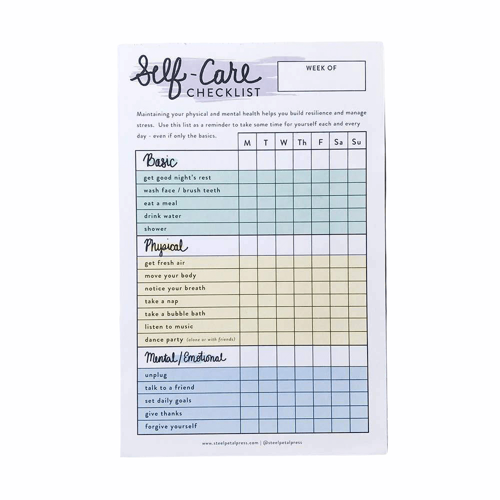 Self-Care Checklist Tracker Notepad by Steel Petal Press, 50 tear-off pages, 8.5 x 5.5 inches