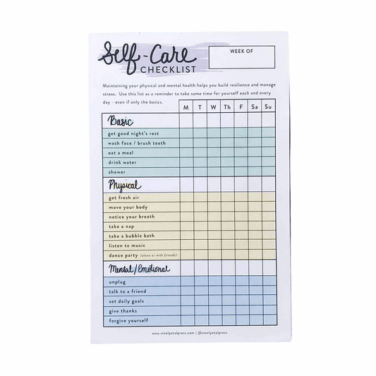 Self-Care Checklist Tracker Notepad by Steel Petal Press, 50 tear-off pages, 8.5 x 5.5 inches