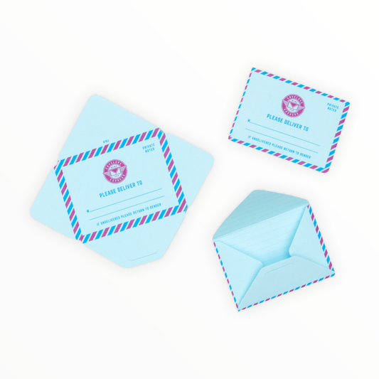 Mini Mail Notes by Suck UK, 100-sheet tear-off memo pad folds into mini envelopes, recycled paper with red detailing, 3 x 3 inches