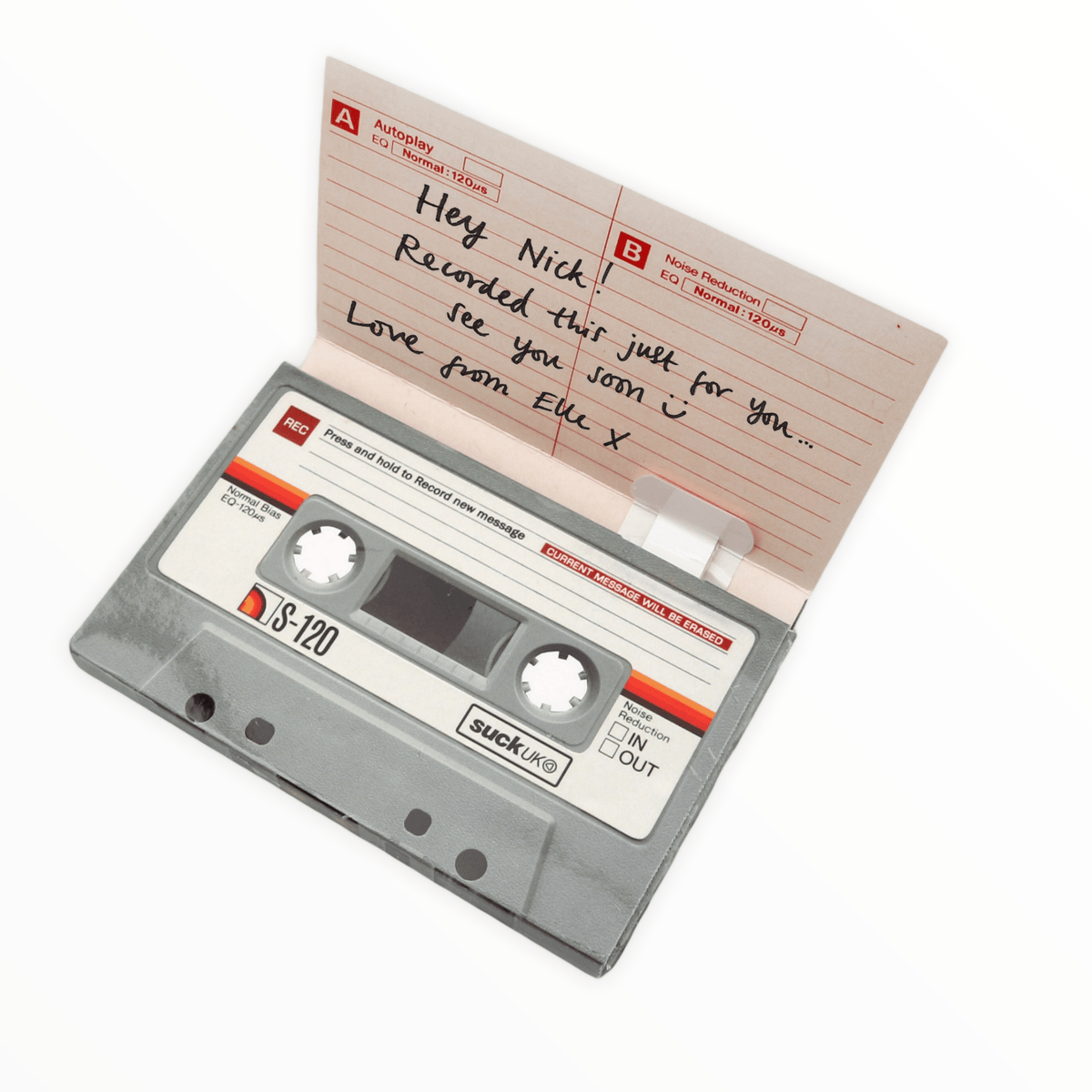 Mix Tape card detail by Suck UK, voice recorder button and cassette design