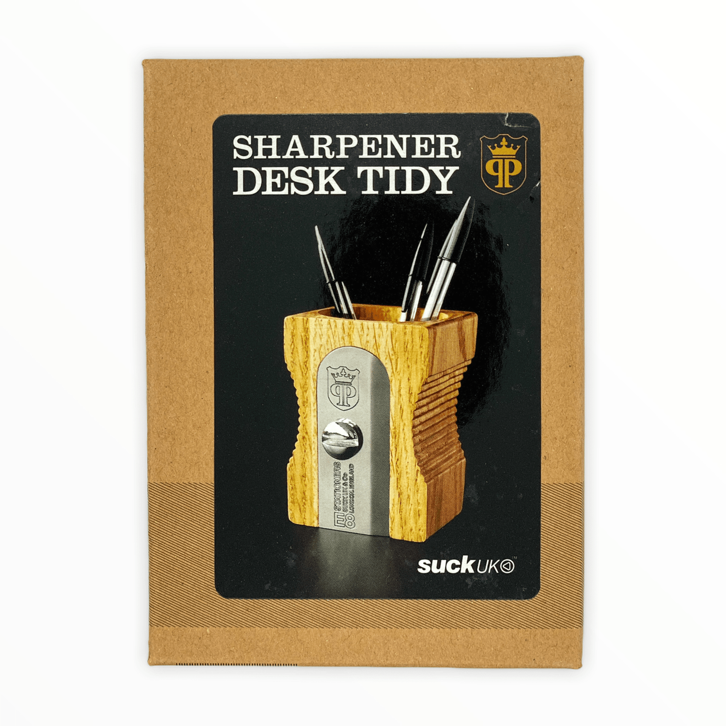Sharpener Desk Tidy by Suck UK, supersized pencil sharpener, rubberwood and stainless steel, light-colored wood, 85 x 120 x 85mm