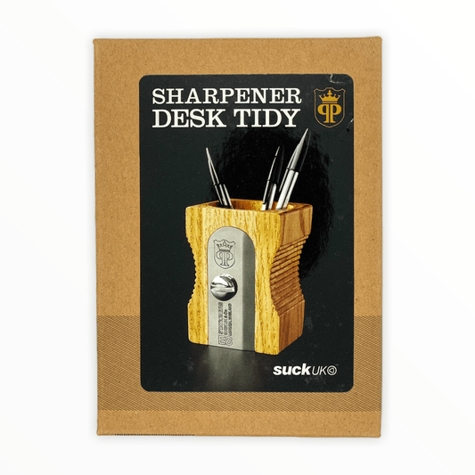 Sharpener Desk Tidy by Suck UK, supersized pencil sharpener, rubberwood and stainless steel, light-colored wood, 85 x 120 x 85mm
