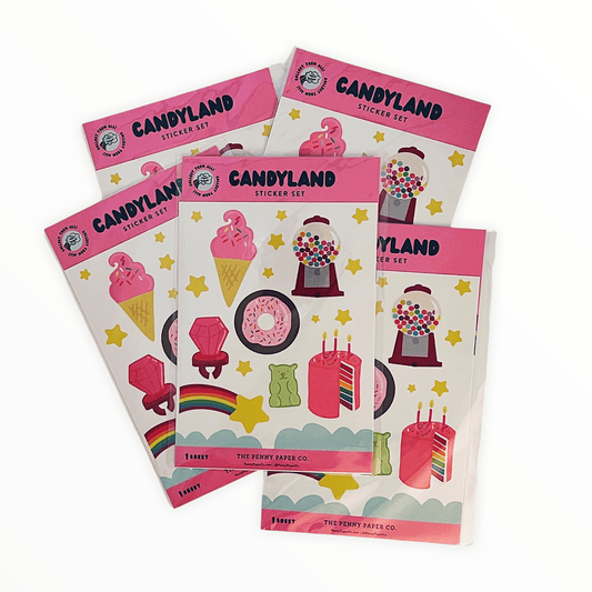 Candyland Sticker Sheet by The Penny Paper Co., 17 stickers sweets rainbows and stars, 4.5 x 7 inches, made in Canada