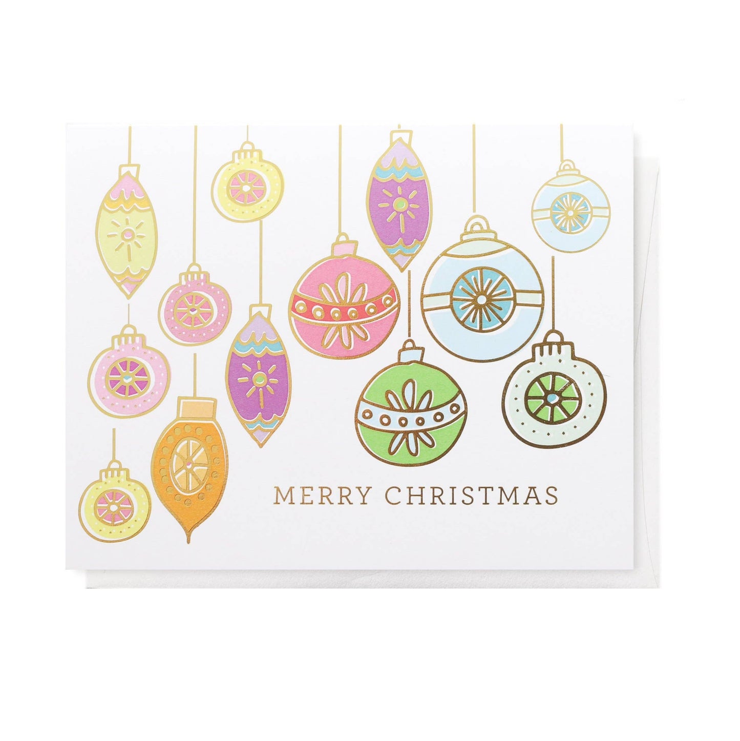 Retro Ornaments Merry Christmas card by The Penny Paper Co., blank interior, white linen envelope, 5.5 x 4.25 inches, made in Canada