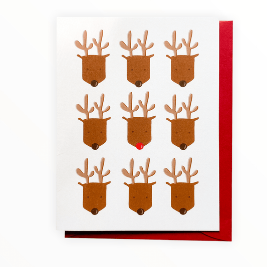 Rudolph the Red-Nosed Reindeer Christmas card by The Penny Paper Co., blank interior, red envelope, 5.5 x 4.25 inches, made in Canada