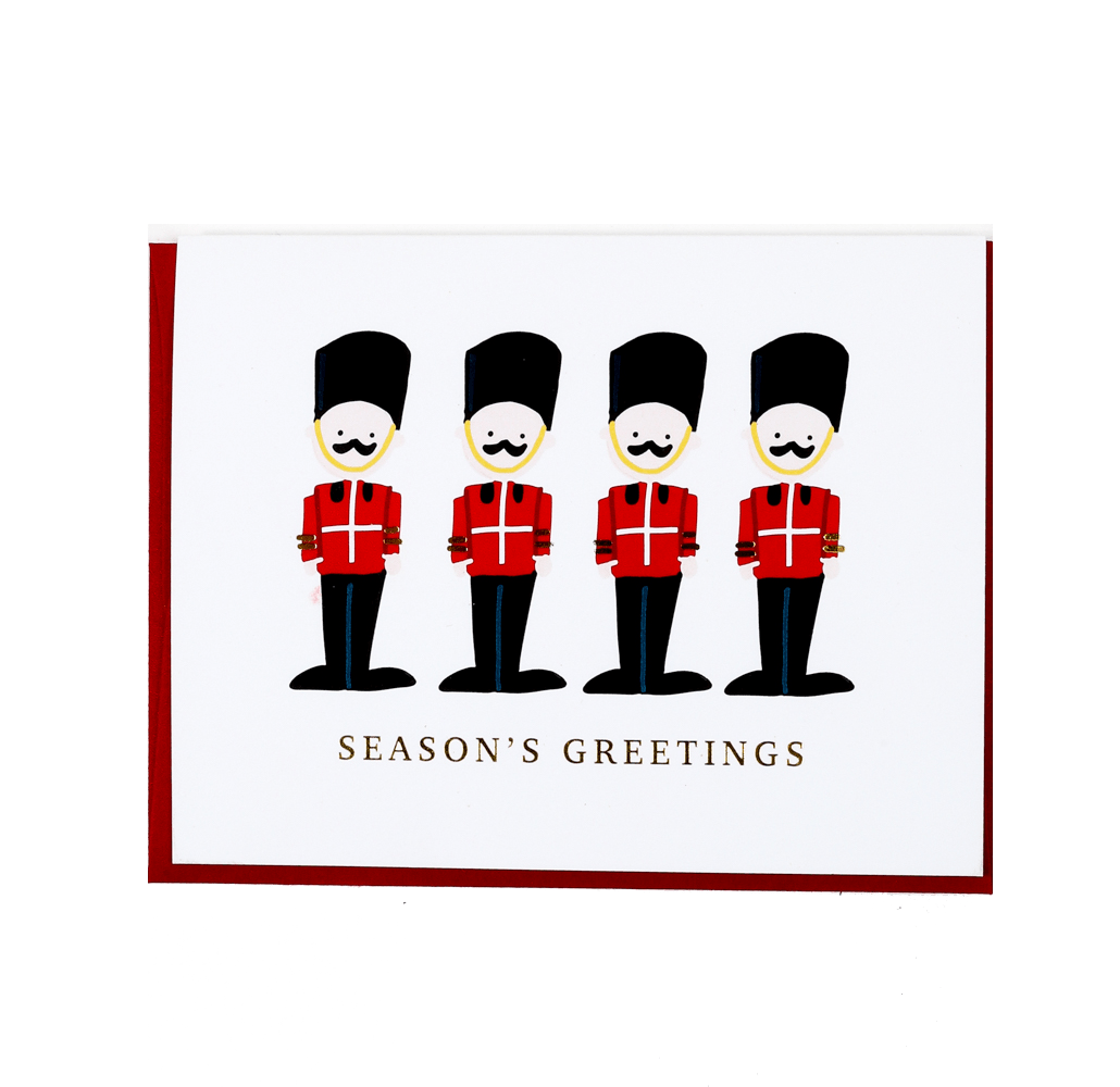 oy Soldiers Christmas card by The Penny Paper Co., blank interior, red envelope, 5.5 x 4.25 inches, made in Canada