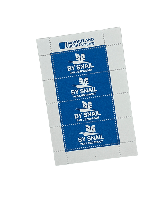 By Snail Blue Lick and Stick Stamps by The Portland Stamp Company, letterpress printed, 4 stamps per 2.75 x 4.25 inch sheet