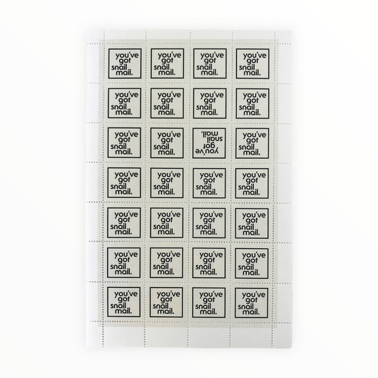 You've Got Snail Mail Lick and Stick Stamps by The Portland Stamp Company, digitally printed, 28 stamps per 5.5 x 8.5 inch sheet