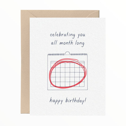 Celebrating You All Month Long Happy Birthday card by Tiny Hooray, blank interior, kraft brown envelope, 4.25 x 5.5 inches