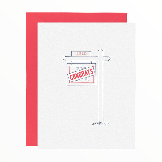Sold Congrats New Homeowner card by Tiny Hooray, blank interior, red envelope, 4.25 x 5.5 inches